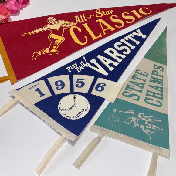 The Land of Nod Vintage Style Three Felt Sports Pennants The Land of Nod Penants - Picture 1 of 17